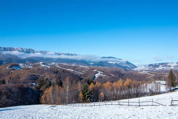 Hermoso Paisaje Valle Con Las Montañas Cubiertas Bosques Nevados Invierno —  Fotos de Stock