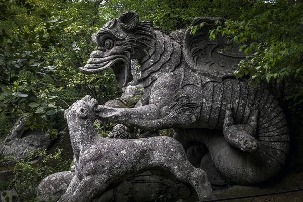 Velká Socha Draka Pokousaná Lvem Vlkem Slavné Bomarzově Zahradě Viterbo — Stock fotografie