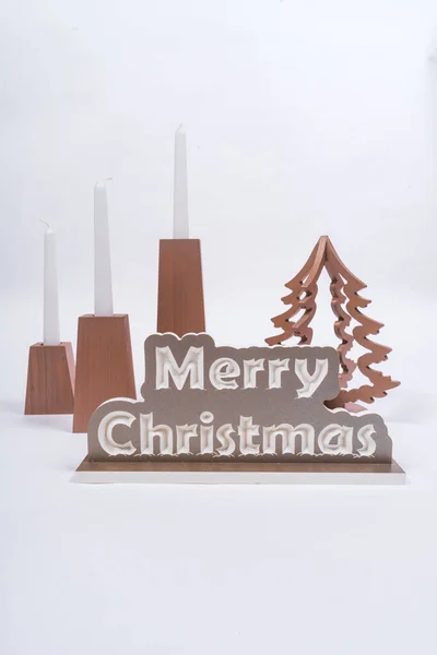 Vertical Shot Wooden Spruce Merry Christmas Decoration White Candles — Stock Photo, Image