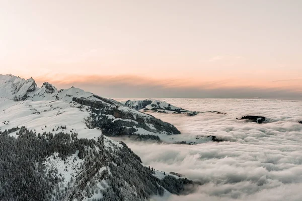 Angle Élevé Montagnes Enneigées Forêts Couvertes Nuages Appenzellerland Suisse — Photo