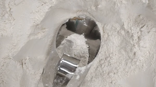 Top View Closeup Stainless Steel Cup Flour — Stock Photo, Image