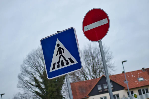 Low Angle Shot Traffic Signs Side Street — Stock Photo, Image