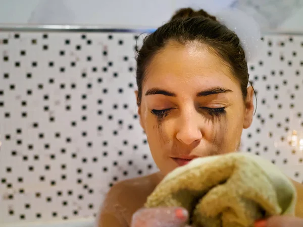 Woman Taking Relaxing Bath Smeared Makeup Towel Her Hands Clean — Stock Photo, Image