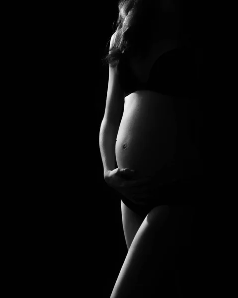 Vertical Grayscale Pregnant Woman Wearing Underwear Dark Background — Stock Photo, Image