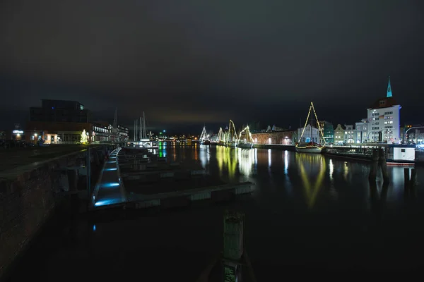 Beautiful Port Decorated Christmas Lights Captured Lubeck Germany — Stock Photo, Image