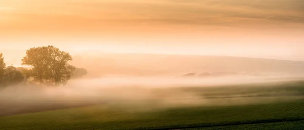 Paysage Pittoresque Couvert Brouillard Automnal Coucher Soleil — Photo