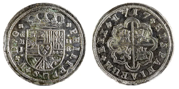 Una Antigua Moneda Plata Española Del Rey Felipe Aislada Sobre — Foto de Stock