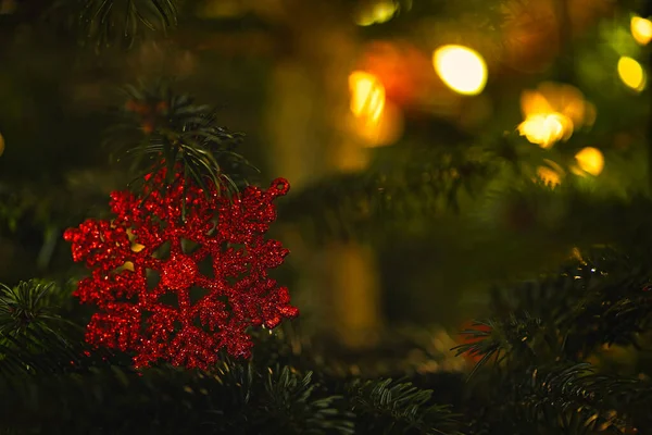 Close Christmas Tree Decorations Some Bokeh Lights Feel Christmas Mood — Stock Photo, Image