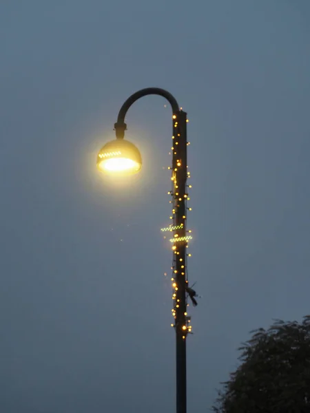 用圣诞灯包裹在柱子上的街灯的垂直照片 — 图库照片