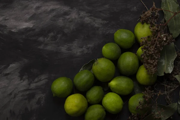 有機レモンとユーカリの葉のトップビューには 果実のある素朴な枝があります 静物画 — ストック写真