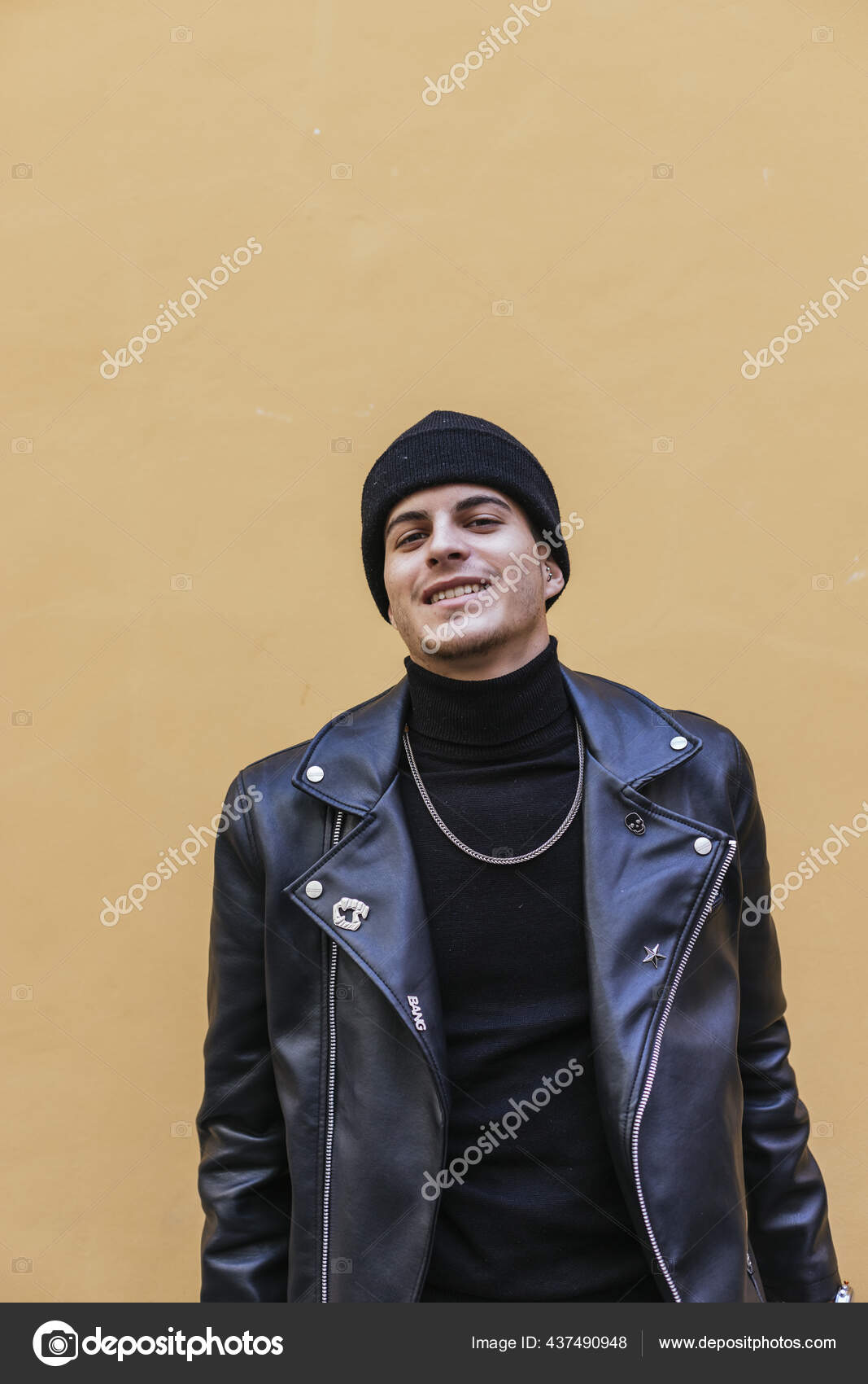 Vertical Shot Young Man Wearing Leather Coat Turtleneck Necklace