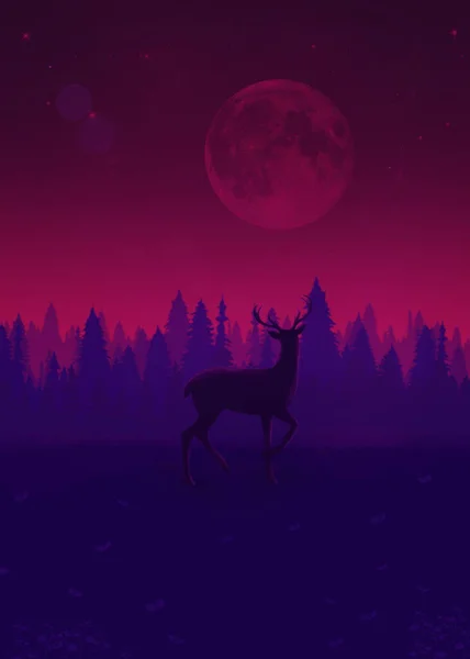 一个在满月下的鹿形轮廓的垂直数字图像 — 图库照片