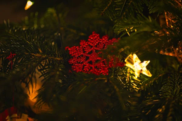 Close Christmas Tree Decorations Some Bokeh Lights Feel Christmas Mood — Stock Photo, Image