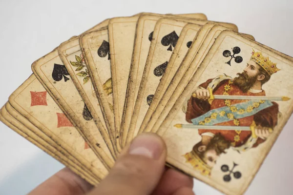 Closeup Shot Person Hand Holding Old Weathered Playing Cards — Stock Photo, Image