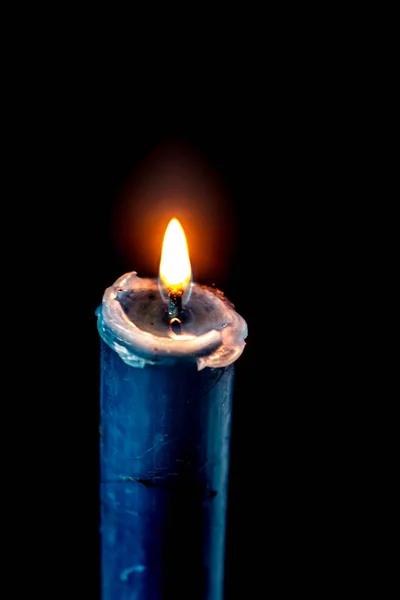 Vertical Closeup Shot Single Long Candle Burning Flame Isolated Black — Stock Photo, Image