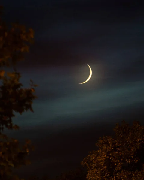Вертикальный Снимок Яркого Лунного Полумесяца Ночном Небе — стоковое фото