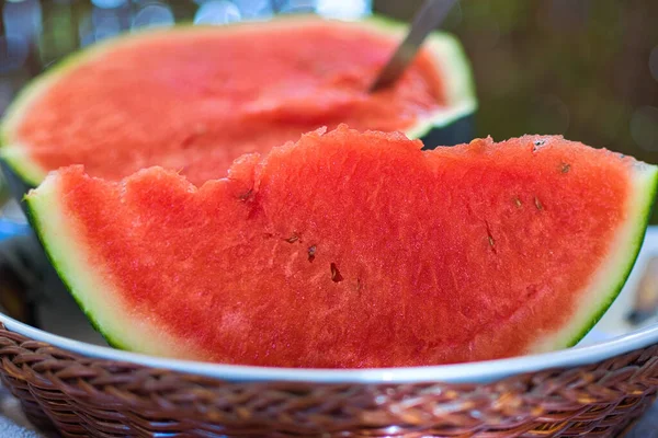 Selective Focus Shot Slices Watermelon Plate — Stock Photo, Image