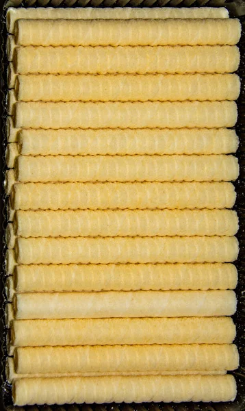 Ett Vertikalt Skott Många Välsmakande Wafer Rullpinnar — Stockfoto