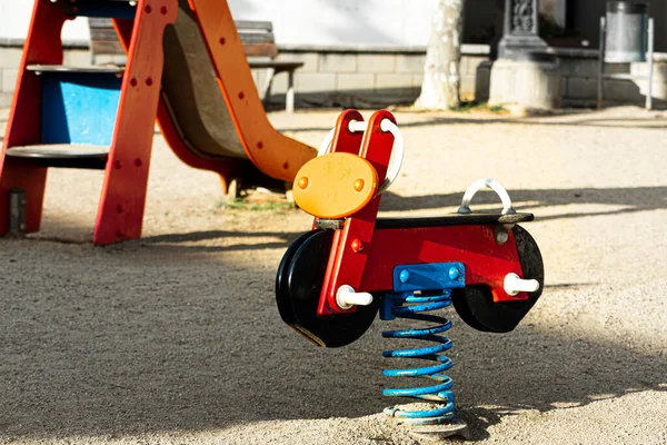 Colorful Motorcycle Spring Rocker Children Park Dauylight — Stock Photo, Image