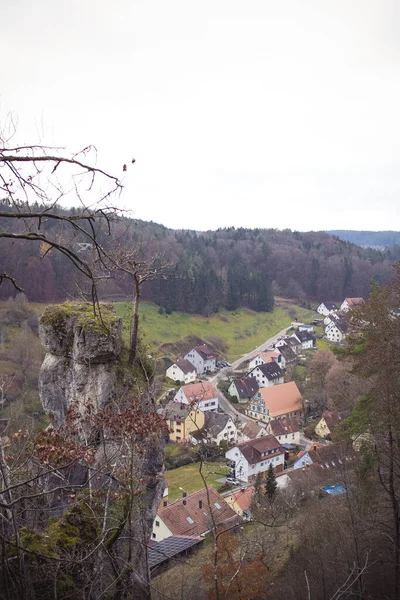 Vertical High Angle Shot Village Lot Buildings Mountains Gre — Stock Photo, Image