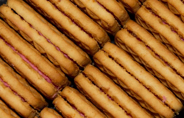 Egy Közeli Felvétel Sok Kekszről Krémtöltelékkel — Stock Fotó