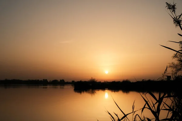 シルエットの芝生で湖の上に息をのむような夕日の景色 — ストック写真