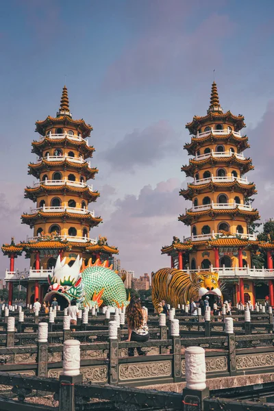 Ένα Κάθετο Πλάνο Των Dragon Tiger Pagodas Κάτω Από Ένα — Φωτογραφία Αρχείου