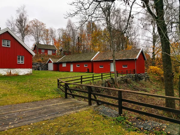 Красные Здания Ранчо Норвегии Захваченные Осенью — стоковое фото