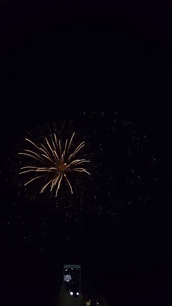 美しい花火で夜空を撮影した携帯電話の垂直ショット — ストック写真