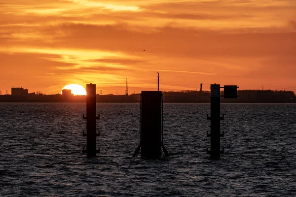 Pôr Sol Tirar Fôlego Costa Mar Norte Perto Emden — Fotografia de Stock