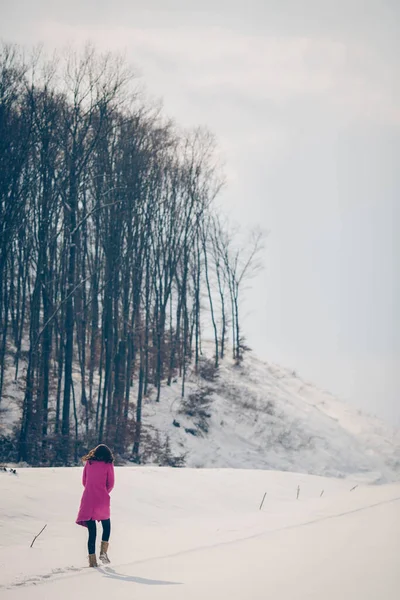 분홍색 코트를 겨울에 외로운 암컷의 — 스톡 사진