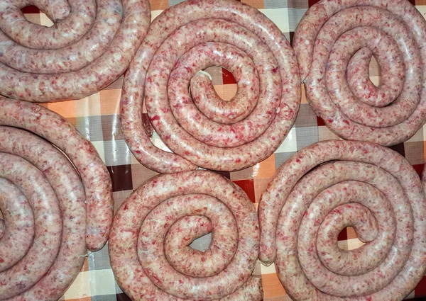 High Anglel Shot Uncooked Sausage Spirals Kitchen Table — Stock Photo, Image