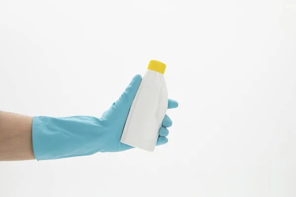 Selective Focus Closeup Hand Wearing Glove While Holding Detergent Bottle — Stock Photo, Image