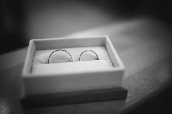 Grayscale Shot Wedding Rings White Box — Stock Photo, Image