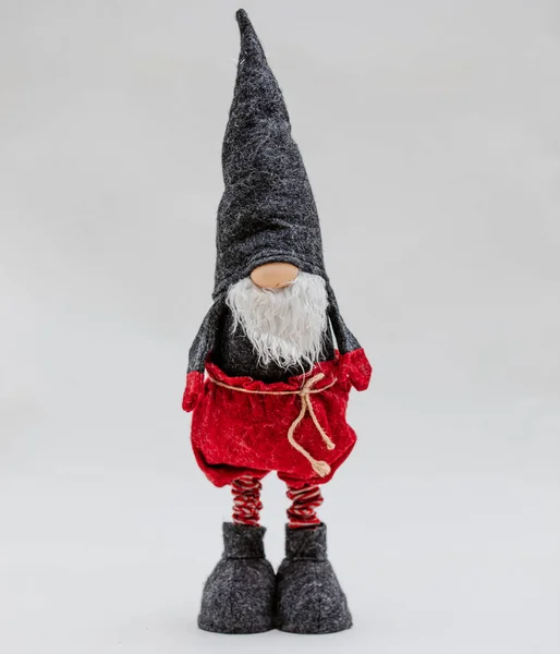 Funny Christmas Toy Shape Soft Gray Gnome Red Pants — Stock Photo, Image