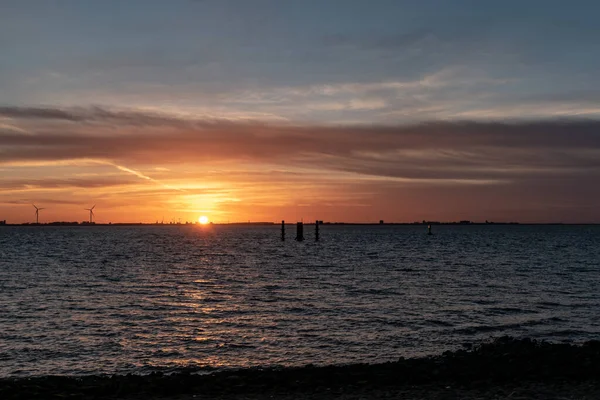 Pôr Sol Tirar Fôlego Costa Mar Norte Perto Emden — Fotografia de Stock