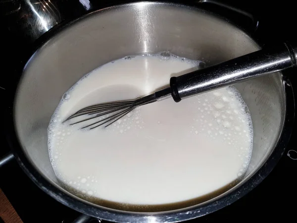 Closeup Milk Bowl Whisk Black Surface — Stock Photo, Image