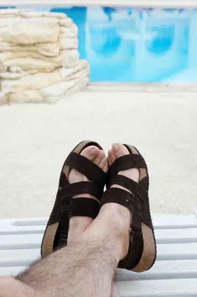 Vertical Shot Feet Sandals Pool — Stock Photo, Image