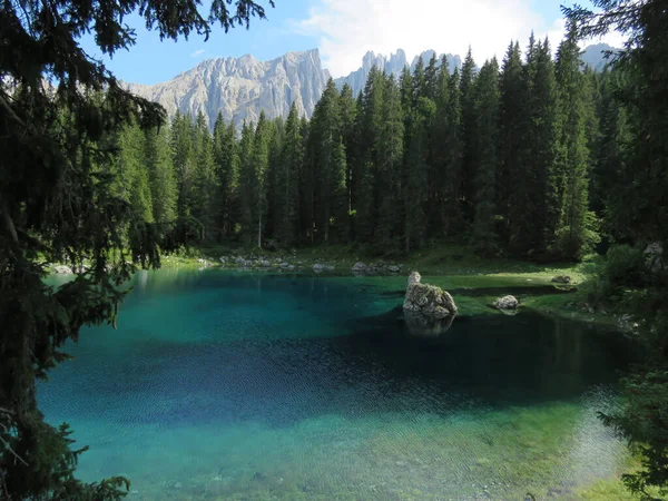 Piękny Widok Jezioro Carezza Włoszech Bujne Drzewa Góry Tle — Zdjęcie stockowe