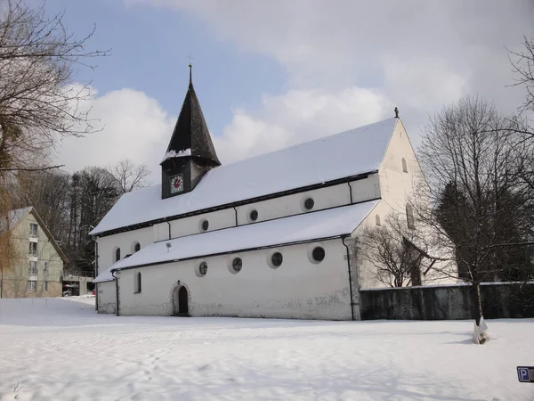 Caída Nieve Una Iglesia Schienen Oehningen Bodenseekreis Konstanz Alemania —  Fotos de Stock