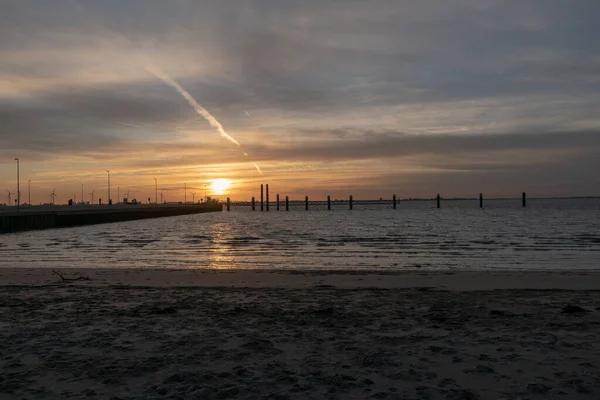 Pôr Sol Tirar Fôlego Costa Mar Norte Perto Emden — Fotografia de Stock