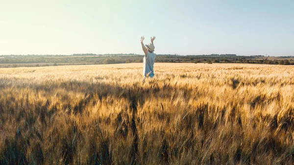 Homem Desfrutar Pôr Sol Campo Trigo Alegre Expressão Vida Com — Fotografia de Stock