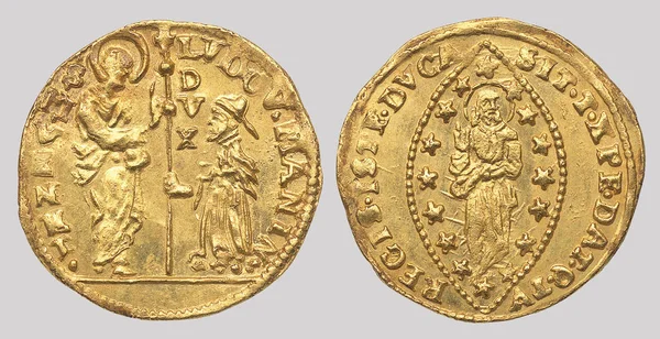 Верхний Вид Двух Золотых Монет Изолированных Сером Фоне — стоковое фото