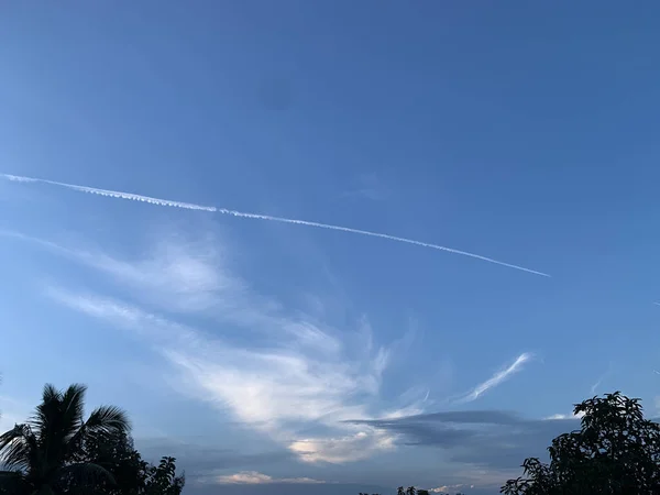 Sebuah Lapangan Tertutup Pohon Bawah Langit Biru Dengan Jejak Pesawat — Stok Foto