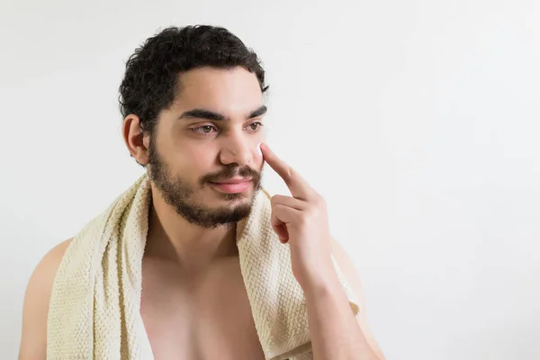 Caucasian Young Man Brown Eyes Beard Puts Moisturizer Face Naked — Stock Photo, Image