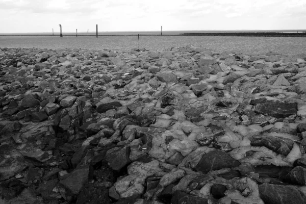 白垩纪白天被大海捕捉到的岩石的一个高角度灰度的镜头 — 图库照片