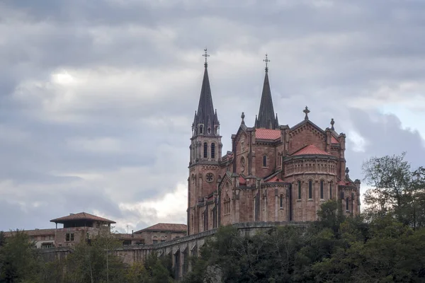Basílica Santa Maria Real Covadonga Rodeada Árboles Bajo Cielo Nublado —  Fotos de Stock