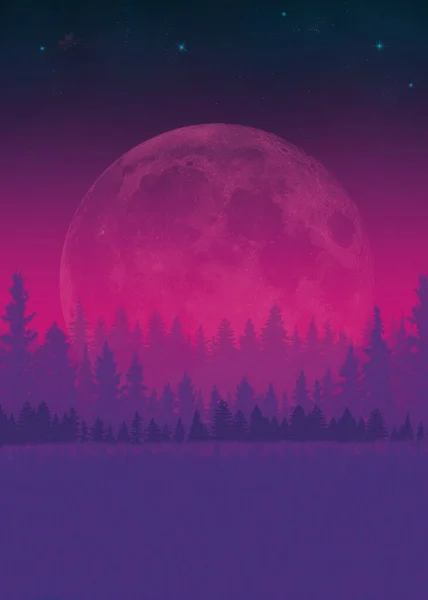 Een Abstracte Achtergrond Met Dennenbomen Prachtige Maan — Stockfoto