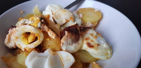 Shot Traditional Hungarian Dish Called Rakott Krumpli Layered Potato Casserole — Stock Photo, Image