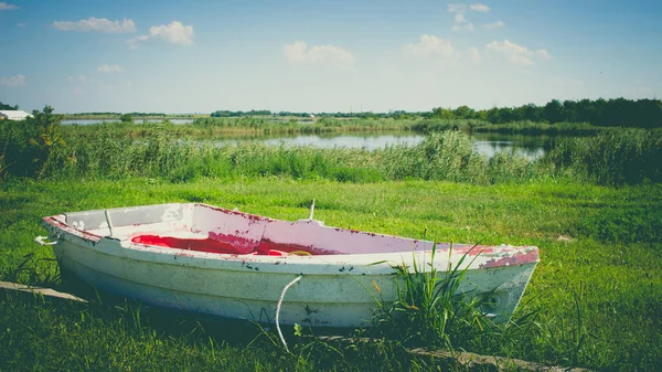 Ein Altes Verwittertes Boot Auf Dem Grünen Gras Fluss — Stockfoto